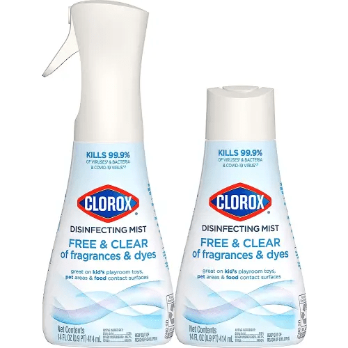 Clorox Free & Clear Disinfecting Mist, Household Essentials, 1 Spray Bottle and 1 Refill, 14 Fl Oz Each