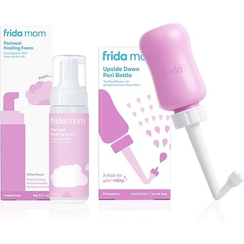 Frida Mom Upside Down Peri Bottle + Perineal Medicated Witch Hazel Healing Foam for Postpartum Care, Perineal Recovery and Cleansing After Birth