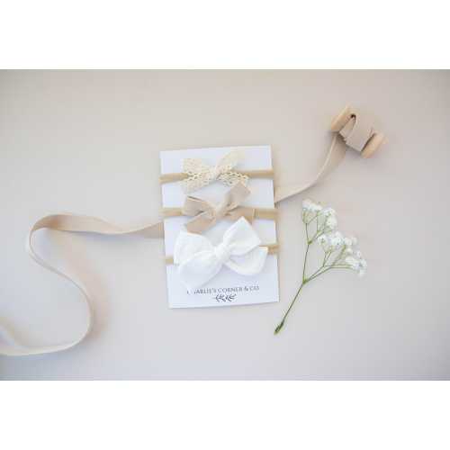 Neutral Hair Bow Set, Neutral Baby Bow Set, Neutral Baby Bows, Newborn Baby Bow Set, Lace Ribbon, Baby Headband, Baby Headband Set