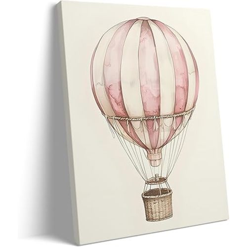 B.B.F MAKE Whimsical Framed Canvas Wall Art Nursery Decor Pink Striped Hot Air Balloon Poster Prints Travel Oil Painting Timeless Adventure Artwork for Baby Girl Room Wall Home Decoration, 16x20inch