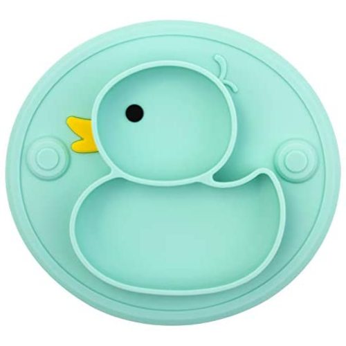 Silicone Divided Toddler Baby Plates - Portable Non Slip Suction Plates for Children Babies and Kids BPA Free Baby Dinner Plate - Duck-cyan