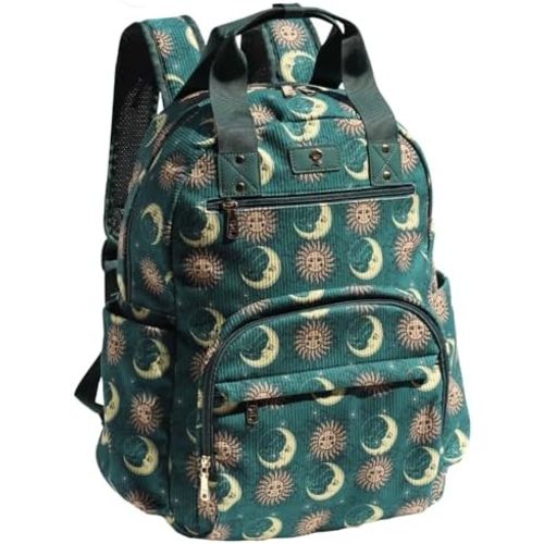 Diaper Bag Backpack, Large Capacity Multifunction Baby Essentials Fashion Travel Pack Linen Canvas office Laptop Bag (Corduroy Dark Green Moon)