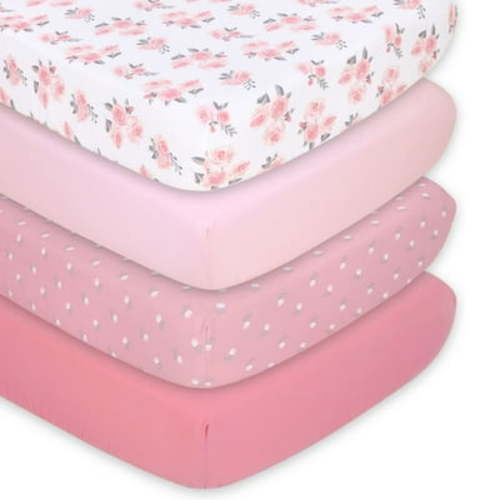 The Peanutshell Fitted Crib Sheet Set for Baby Girls, Pink Roses and Floral, 4 Pack Set