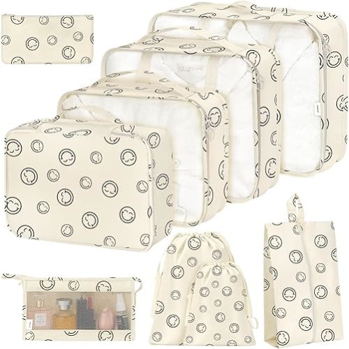9 Set Packing Cubes for Suitcases,Packing Cube with Shoe, Cosmetics, Clothing, and Accessories Bags Packing Cubes for Travel Luggage Organizer Women Men(9 Set,Smile)