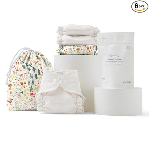 Esembly Try-It Kit - Cloth Diaper Starter Set with Organic Cotton Diapers, Waterproof Diaper Cover, Wet Bag, and Laundry Detergent - Turtle, Size 1 (7-18lbs)