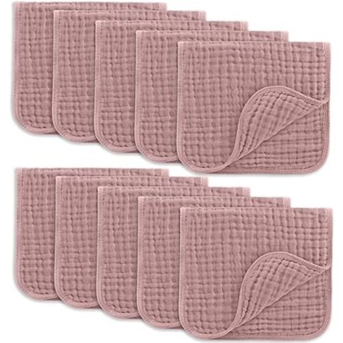Comfy Cubs Muslin Burp Cloths Set Large 100% Cotton Hand Washcloths for Babies, Baby Essentials 6 Layers Extra Absorbent and Soft Boys & Girls Baby Bibs & Burp Cloths Set (Mauve, 10-Pack, 20" X10")