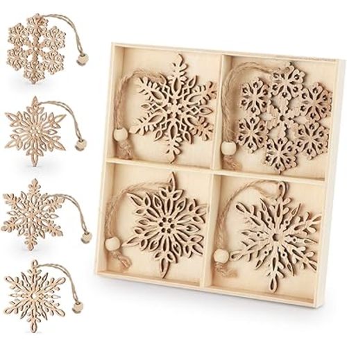 ilauke 12pcs Wooden Snowflakes Decorations 3 inch Christmas Ornaments Wood Hanging Ornament Rustic Farmhouse Christmas Craft Supplies