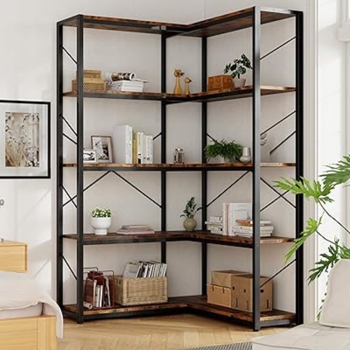 Shintenchi 5 Tier Corner Bookshelf,L Shaped Bookcase,Large Etagere Bookcase,Corner Shelf Display Storage Rack with Metal Frame for Living Room Bedroom Office,Rustic Brown