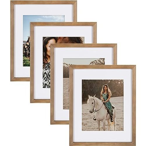 DesignOvation Gallery Wood Photo Frame Set for Customizable Wall Display, Rustic Brown 11x14 matted to 8x10, Pack of 4
