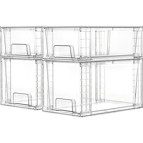 Vtopmart 4 Pack Clear Stackable Storage Drawers,Easy to Assemble Bathroom Organizers and Storage with handles,Plastic Drawers for Kitchen Pantry,Cabinet,Under Sink Organization