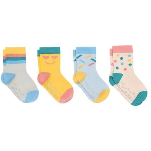 Ten Little Kids Organic Cotton Crew Socks, 4-Pack for Toddler Boys & Girls, Colorful with Non-Skid Grips
