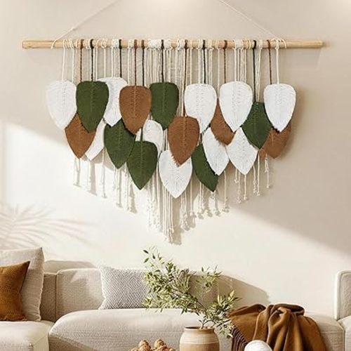 NYEONHRT Large Macrame Wall Hanging Handmade Boho Leaf and Feather Tapestry for Modern Home Decor Perfect Wall Art for Living Room Bedroom Nursery Apartment Backdrop 39x31 Inch (Brown green)