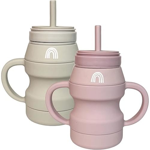 Hippypotamus Silicone Transition Cups - Squeeze-Proof Toddler Cups With Straw & Lid - Removable Handles - Set of 2 (Blush/Nude)