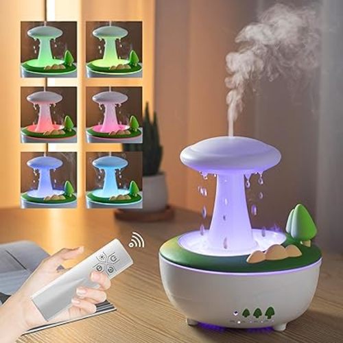 Rain Cloud Humidifier Water Drip, 280ML Rotating Mushroom Oil Diffuser with Remote &Timer, 7 Colors Aroma Diffuser Rain Humidifier for Bedroom Sleeping Desk Waterfall lamp Funny Gift (White)