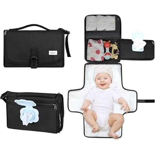 LANDICI Portable Diaper Changing Pad for Newborn Girl & Boy, Travel Waterproof Baby Changing Pad with Smart Wipes Pocket, Detachable Diaper Changing Mat, Gifts for Baby Newborn Essentials, Black