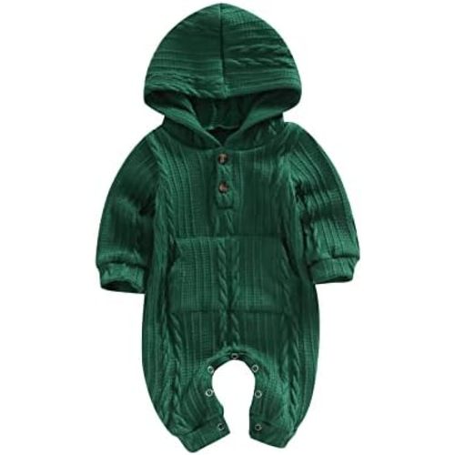 Infant Boys Girls Knit Sweater Romper Baby Toddlers Long Sleeve Hooded Button Up Winter Outfits with Pocket