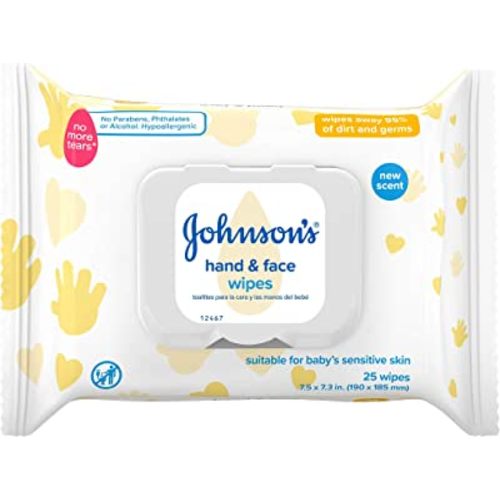 Johnson's Baby Disposable Hand & Face Cleansing Wipes, Pre-Moistened Wipes Gently Remove 99% of Germs & Dirt from Delicate Skin, Paraben-, Phthalate- & Alcohol-Free, Hypoallergenic, 25 ct