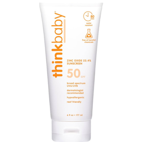 Thinkbaby SPF 50+ Baby Mineral Sunscreen – Safe, Natural Sunblock for Babies - Water Resistant Sun Cream – Broad Spectrum UVA/UVB Sun Protection – Vegan Baby Sunscreen Lotion, 6 Oz.