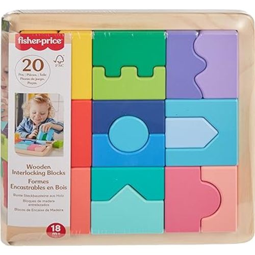 Fisher-Price Wood Toddler Toy Interlocking Blocks Stacking Jigsaw Puzzle with 20 Wooden Pieces for Kids Ages 18+ Months