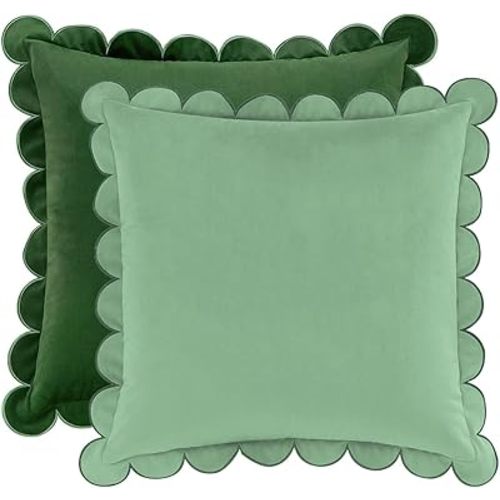 MONDAY MOOSE Decorative Throw Pillow Covers Cushion Cases, Set of 2 Soft Velvet Scalloped Round Edge Designs, Mix and Match for Home Decor, Pillow Inserts Not Included (18x18 inch, Green/Light Green)