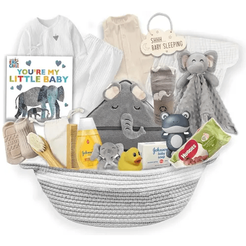 New Baby Boy/Girl Gift Basket (20 Items) for a New mom Elephant Baby Gift Set. Welcome Baby Care Package All w/Newborn Essentials Bundle for Expecting Moms Baby Shower, After Labor Unisex