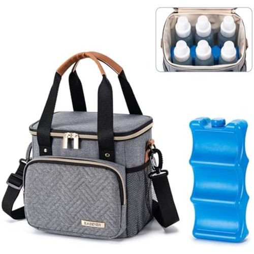 Breastmilk Cooler Bag with Ice Pack Fits 6 Baby Bottles up to 9 Ounce, Breast Milk Pump Cooler Bag for Nursing Mom Daycare, Work, Travel-Grey
