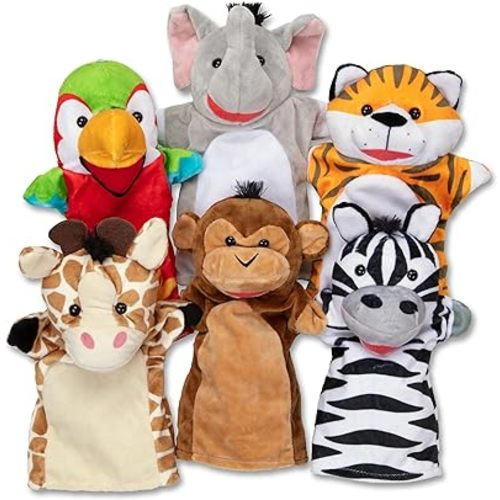 Melissa & Doug Safari Buddies Hand Puppets, Set of 6 (Elephant, Tiger, Parrot, Giraffe, Monkey, Zebra) Soft, Plush Animal Hand Puppets For Toddlers And Kids Ages 2+