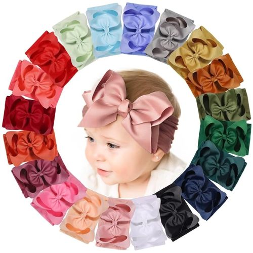 doboi Baby Girl Headbands Set - 20pcs Hair Bows and Nylon Headbands, Big Bows for Infant, Newborn, and Toddler Girls