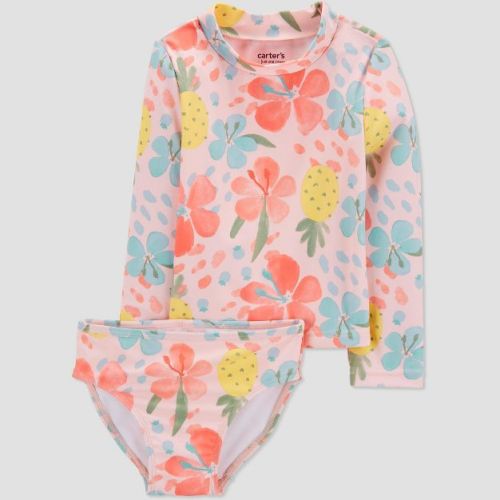 Carter's Just One You®️ Baby Girls' Long Sleeve Tropical Floral Printed Rash Guard Set - Pink 12M: UPF 50+ Swimwear, Elastic Leg Openings
