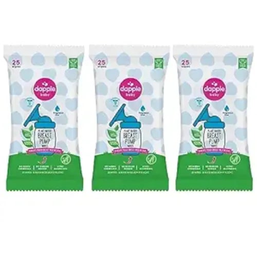 Breast Pump Wipes by Dapple Baby, 25 Count (Pack of 3), Fragrance Free, Plant Based & Hypoallergenic Breast Pump Wipes - Removes Milk Residue, Leaves No Taste - Convenient Wipes Pouch