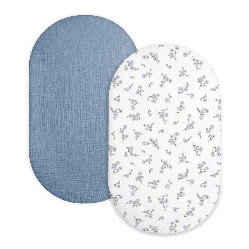 Bassinet Sheet for Baby Boy and Girl 2 Pack, Fitted Sheets for Rectangle, Oval, Hourglass Bassinet Mattress, Muslin Moses Basket Sheets with Neutral Style(Bluebell Bloom & Light Blue)