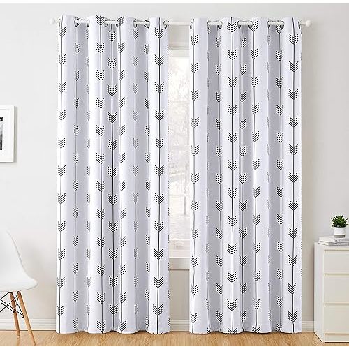 HLC.ME Arrow Printed Privacy Blackout Energy Efficient Room Darkening Thermal Grommet Window Curtain Drape Panels for Kids Bedroom - Set of 2 - Platinum White/Grey - 63" inch Long
