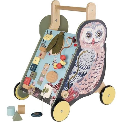 Manhattan Toy Wildwoods Owl Wooden Push Cart with Shape Sorter and Basket, Serrated Oval, Spinners, Bead Run and More Medium