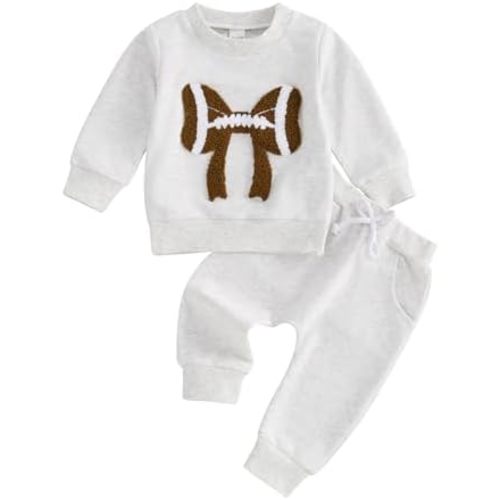 Karuedoo Toddler Baby Girl Football Clothes Football Bow Embroidery Long Sleeve Sweatshirt Top Pants Set 2Pcs Fall Outfits