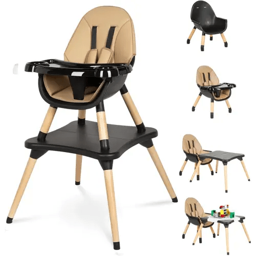 High Chair for Babies & Toddlers, Convertible Wooden 6 in 1 Baby Highchair, Table and Chair Set, Building Block Table, 5-Point Adjustable Seat Belts, 4-Position Removable Tray& PU Seat Cushion (Black)