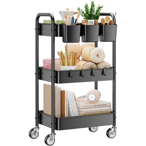 YASONIC 3 Tier Rolling Cart - Metal Utility Cart with Wheels, Hanging Cups, Hooks, Heavy Duty Mesh Rolling Storage Cart Organizer, Craft Cart for Kitchen Office, Lightweight and Sturdy