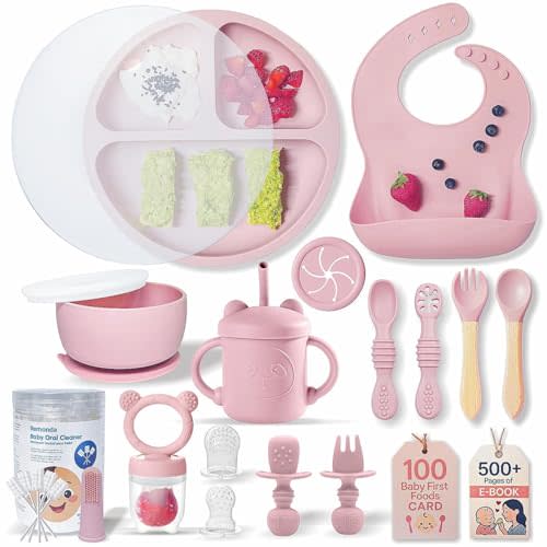 Remonda BPA-Free Silicone Baby Feeding Set | Extra Large Suction Plates, Toddler Bowls, Self Feeding Utensils, and More | Dishwasher Safe| Baby Led Weaning Supplies (Pink)