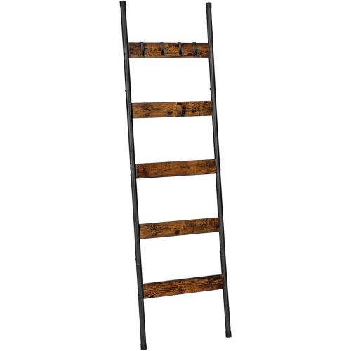 HOOBRO Blanket Ladder, 5-Tier Towel Rack with Hooks, Wall-Leaning Blanket Rack, Decorative Display Ladder Shelf, Scarves, Industrial, Living Room, Bedroom, Rustic Brown and Black BF52CJ01