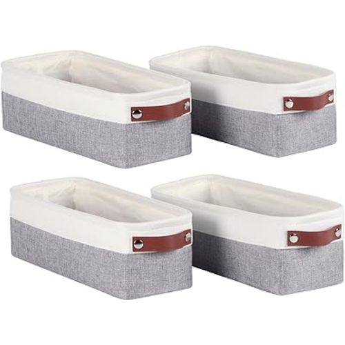 Univivi 4PC Small Fabric Storage Bins,15x6x5 inch Long Narrow Storage Baskets with PU Handles for Closet,Cabinet,Countertop Organizing Small Items (Gray,15x6x5 inch)