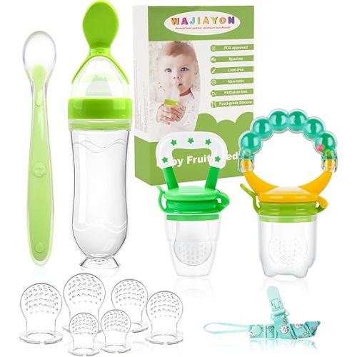 WAJIAYON Baby Fruit Feeder Pacifier - 12 Pack | 2 Baby Fruit Food Feeder Pacifier & 1 Baby Food Dispensing Spoon | Fresh Fruit Teethers for Babies | Silicone Feeder Baby,Mesh Baby Feeder (Green)