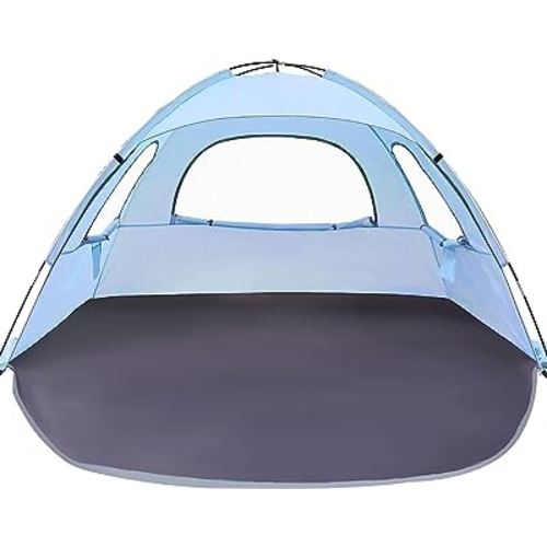 WhiteFang Beach Tent Anti-UV Portable Sun Shade Shelter for 3/4/6/8 Person, Extendable Floor with 3 Ventilating Mesh Windows Plus Carrying Bag, Stakes and Guy Lines