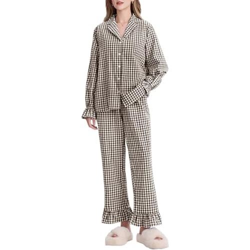 Kissonic Women Gingham Pajama Sets Cotton Long Sleeve Button Down Shirt and Pants Y2K Pjs Lounge Set Sleepwear