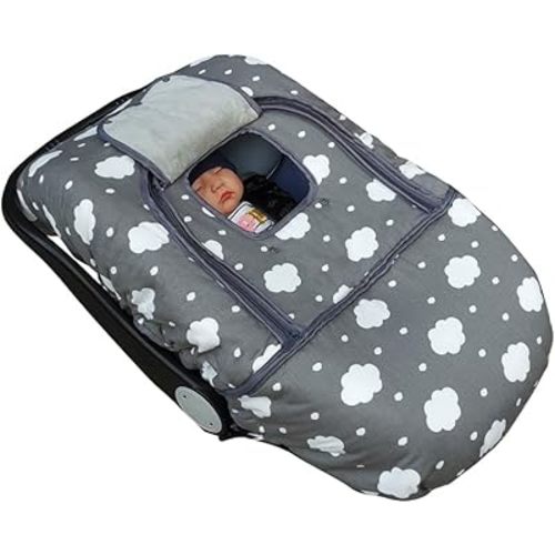 Carseat Cover, Winter Baby car seat Covers for Infant car seat, Baby Carrier Cover Canopy, Window in Door Zipper Open, Thick Padded, Grey Cloud;