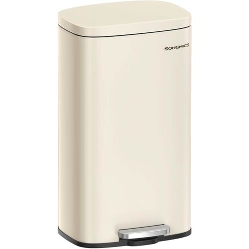 SONGMICS Trash Can with Lid, 8 Gallon Garbage Can, Stainless Steel Small Waste Bin with Step Pedal and Inner Bucket, Soft Close, Kitchen, Sand Beige ULTB003A01