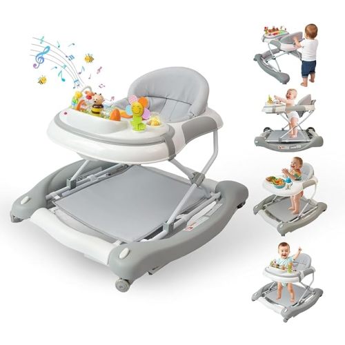 5 in 1 Baby Walker, Music and Lights Walker for Baby Boy Girls 6-12 Months, Foldable Baby Walkers with Wheels and Bouncer Combo Portable, Toddler Infant Walker with Adjustable Height