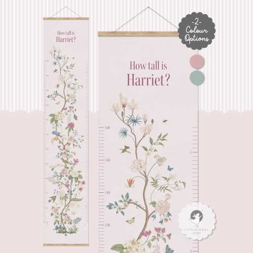 Personalised Canvas Height Chart, Kids Growth Chart, Chinoiserie Bedroom Decor, Floral Room Theme, Nursery Decor, Girls Wall Art, Keepsake