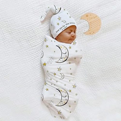Ylsteed Baby Swaddle Blanket and Headband Set, Newborn Receiving Blanket Swaddle Wrap for Girls and Boys, Swaddling Blankets Neutral for Newborn, Soft and Skin-Friendly 32 * 32 inches (StarMoon White)