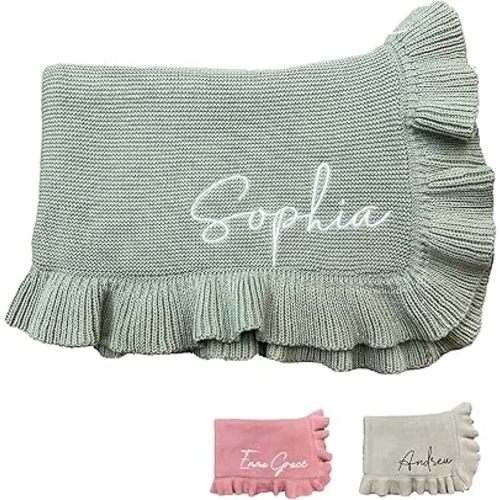 Knit Baby Blanket – 30x40in Personalized Baby Blanket for Newborn Girl and Boy – Custom Blanket with Name Embroidery – Soft Knitted Baby Blanket – Custom Baby Gifts for Baby Shower (Sage)