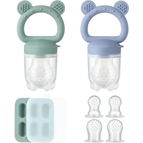 2 Pack Silicone Baby Fruit Feeder with Mini Freezer Tray, Baby Teethers, Breastmilk Popsicle Molds for Baby Teething Relief, Fresh Food Feeder for Safe Infant Self Feeding, Extra Food Pouches