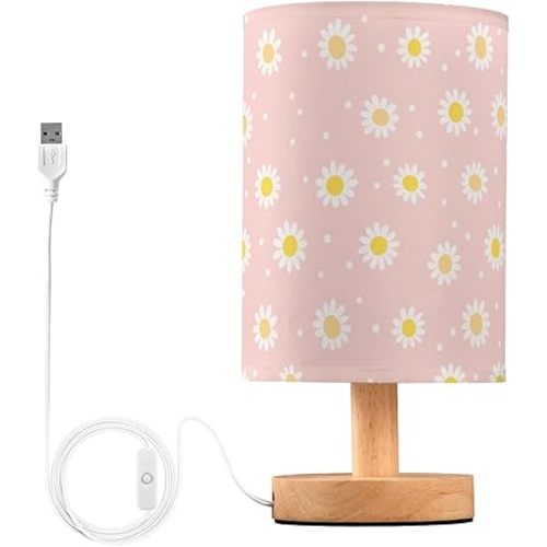Table Lamp for Bedroom Pink White Daisy Bedside Lamps for Nightstand with USB Port Night Light